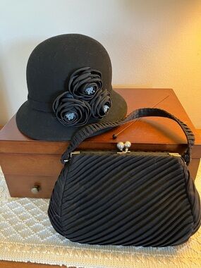 Classic 1920's Style Black Women's Cloche Hat, Hat Pin, and Handbag Set